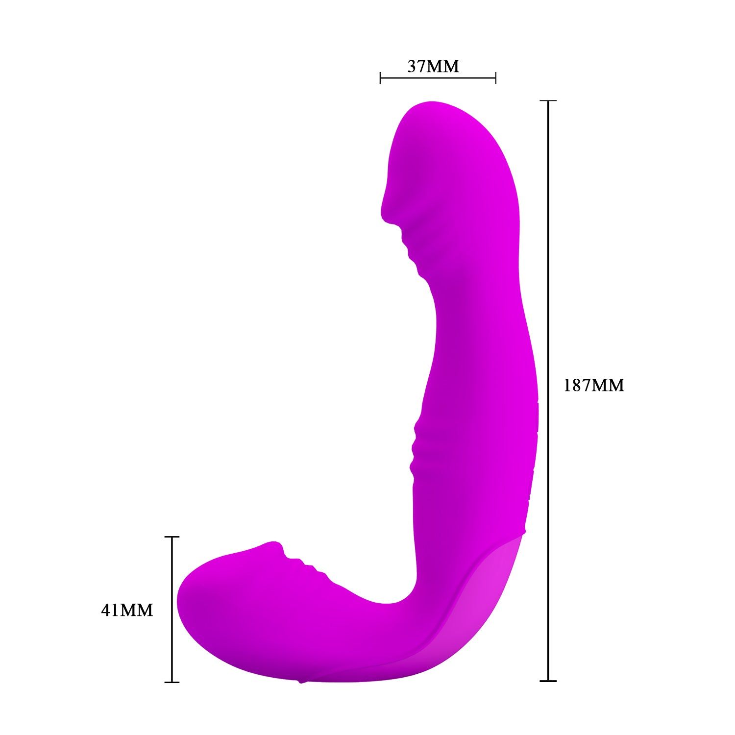 Lila Vibrator mit gebogener Form. Abmessungen: 187mm lang, 41mm breit, 37mm dick. Beschriftung.