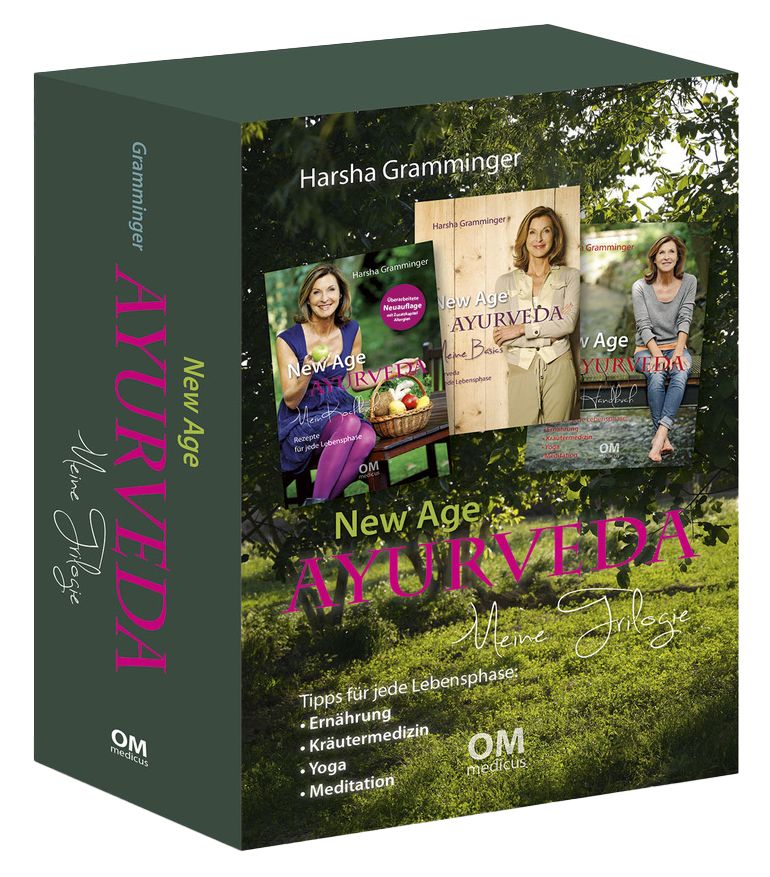 Buchbox: New Age Ayurveda - Meine Trilogie. Drei Buchcover abgebildet. Titel, Autor und Box-Text sichtbar.