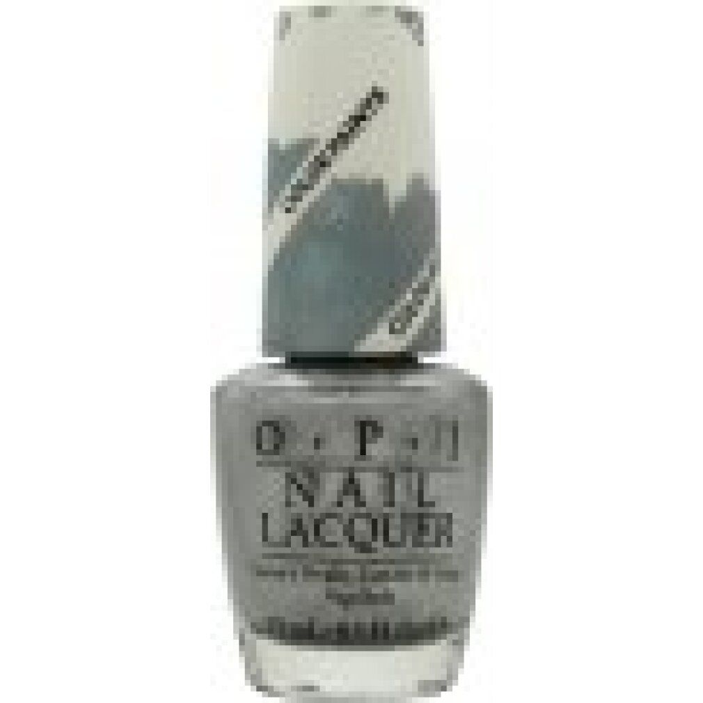 Nagellackflasche, silberfarben. OPI Nail Lacquer, 15 ml. Weißer Deckel mit Farbstreifen und Schriftzug Color Paints.