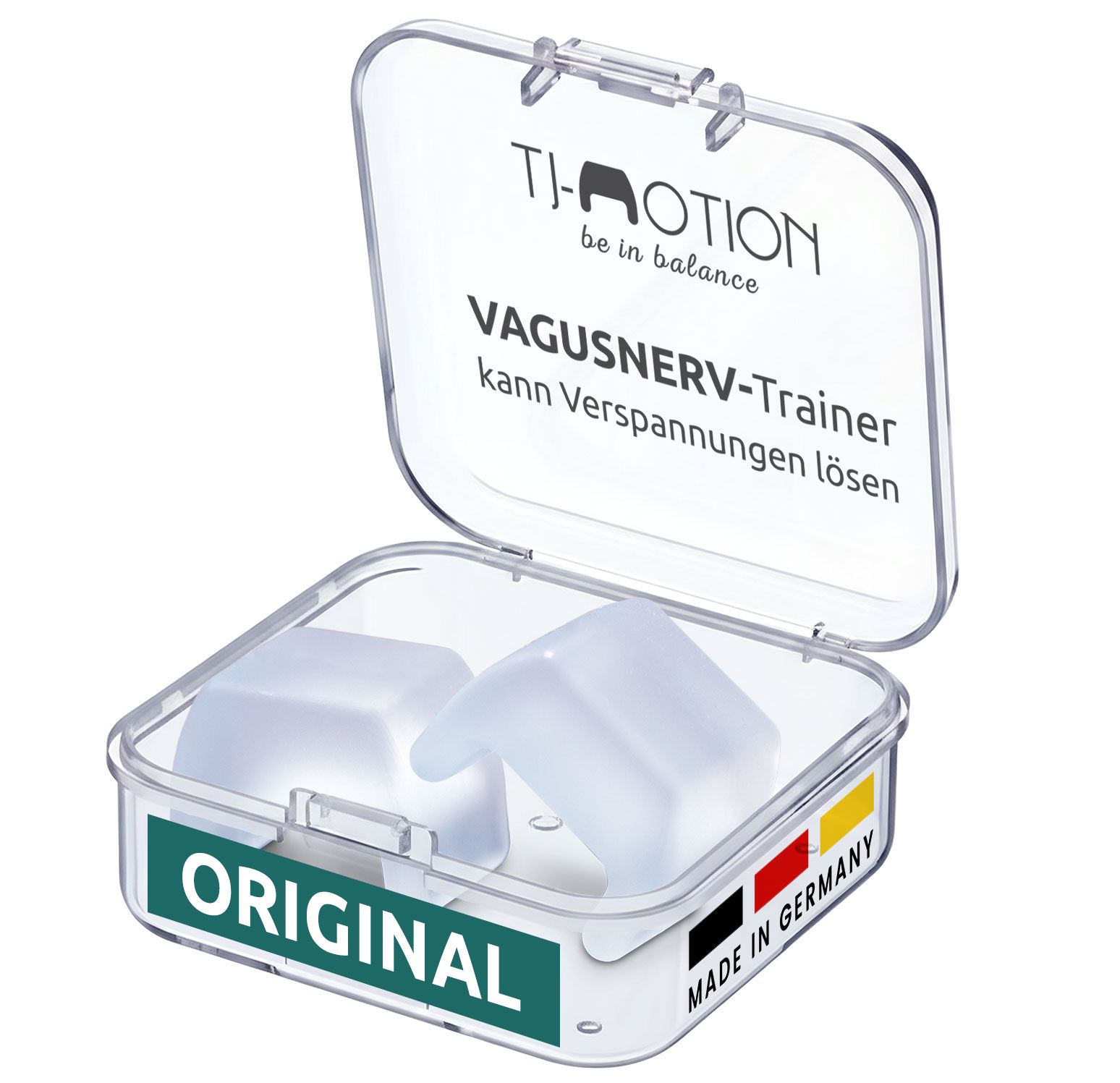 Transparente Box mit zwei transparenten, quadratischen Teilen. Text: „TJ-Motion be in balance“, „VAGUSNERV-Trainer“, „ORIGINAL“, „Made in Germany“.