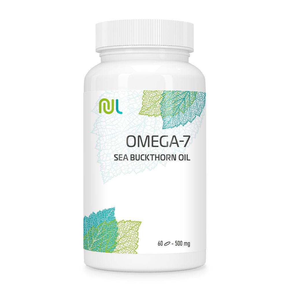 Weiße Flasche mit Kapseln. Aufschrift "OMEGA-7 Sea Buckthorn Oil" und "Nutrilife" Logo. 60 Kapseln, 500 mg.
