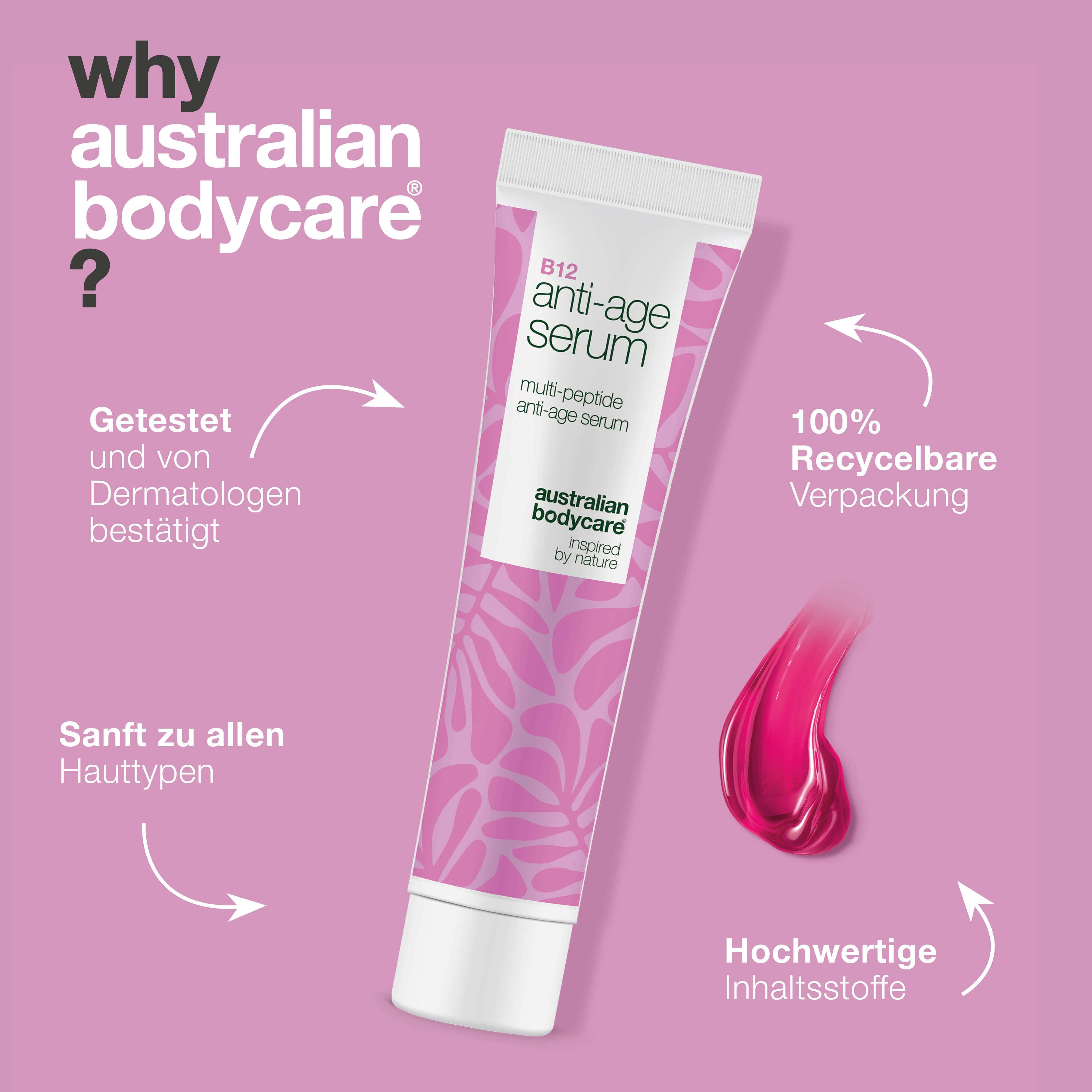 Tube Anti-Age Serum B12, Text und Tropfen. Text: Getestet, Verpackung 100% recycelbar, Inhaltsstoffe.