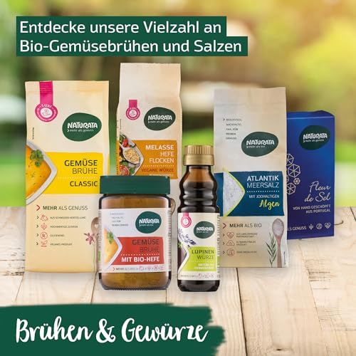Produktübersicht Naturata: Gemüsebrühen, Salze, Lupinenwürze. Fokus auf Brühen & Gewürze.
