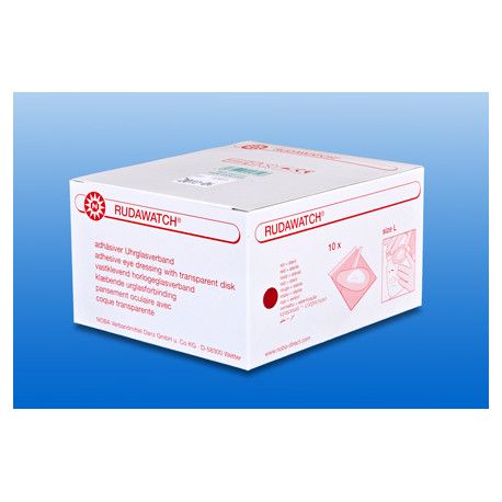 Karton mit Rudawatch-Augenverbänden. Aufschrift: Rudawatch, Größe L, 10 Stück. Mehrsprachige Produktinformationen.