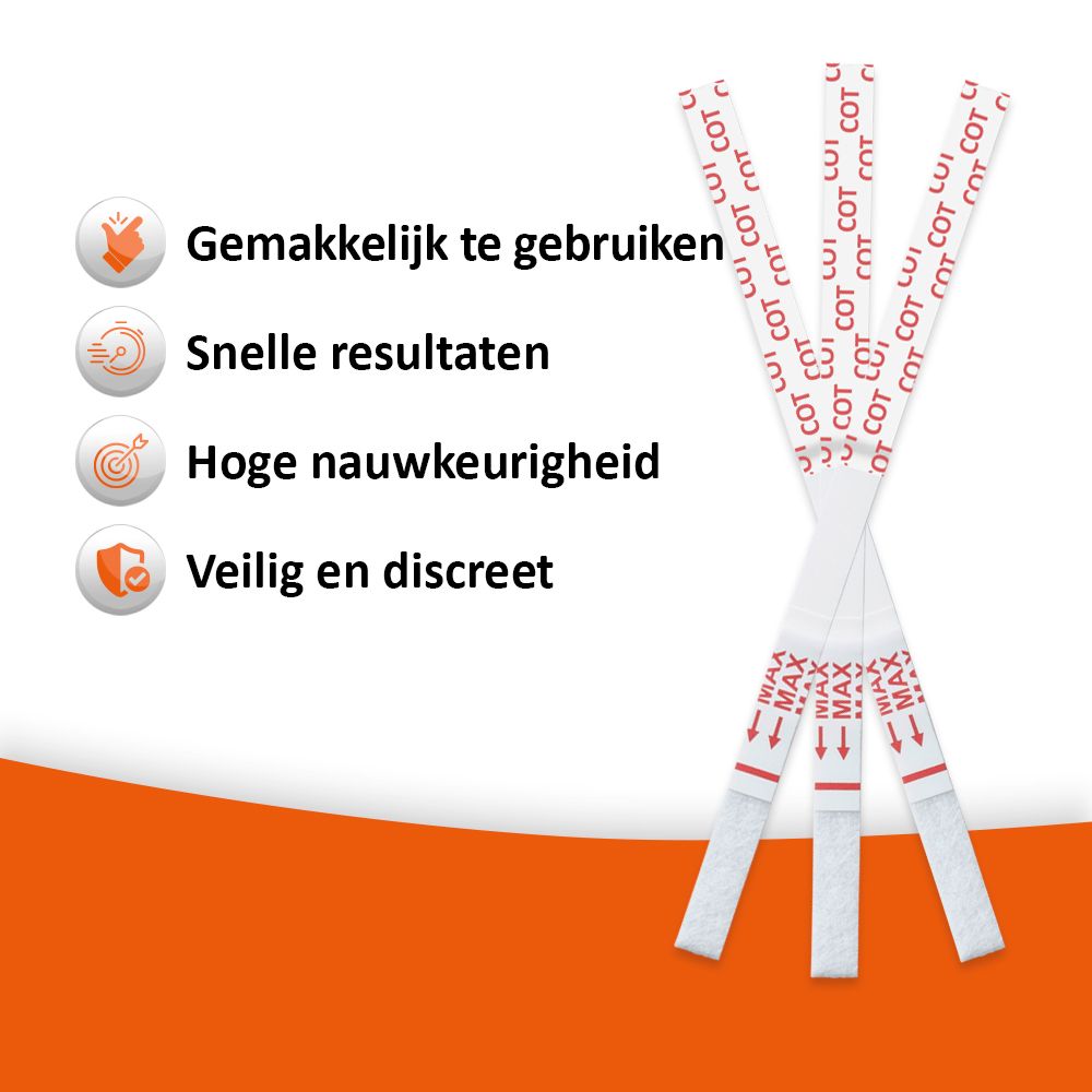 Meerdere teststrips met COT-opdruk. Tekst: Gemakkelijk, snel, nauwkeurig, discreet.