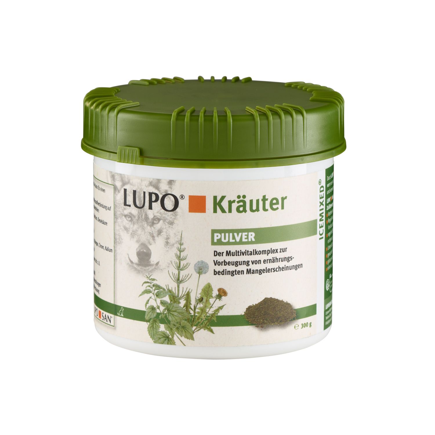 Weißer Behälter mit grünem Deckel. Aufschrift: LUPO Kräuter Pulver. Illustration von Kräutern und Wolf. 300 g.