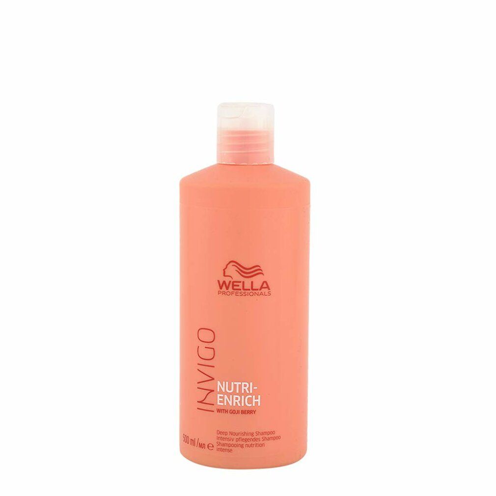 Lachsfarbene Shampoo-Flasche mit weißem Deckel. Aufschrift: Invigo Nutri-Enrich, Wella Professionals. 500 ml.