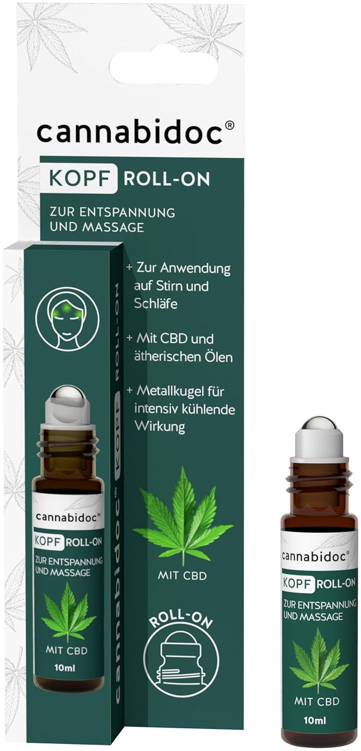 Braune Glasflasche mit Roll-On-Aufsatz und Verpackung. Aufschrift: Cannabidoc Kopf Roll-On, Mit CBD, 10ml.