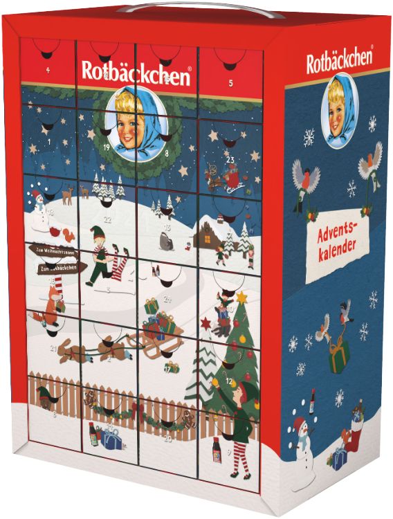 Adventskalender mit Winterlandschaft und Rotbäckchen-Logo. 24 Türchen, nummeriert. Enthält 24 Säfte.