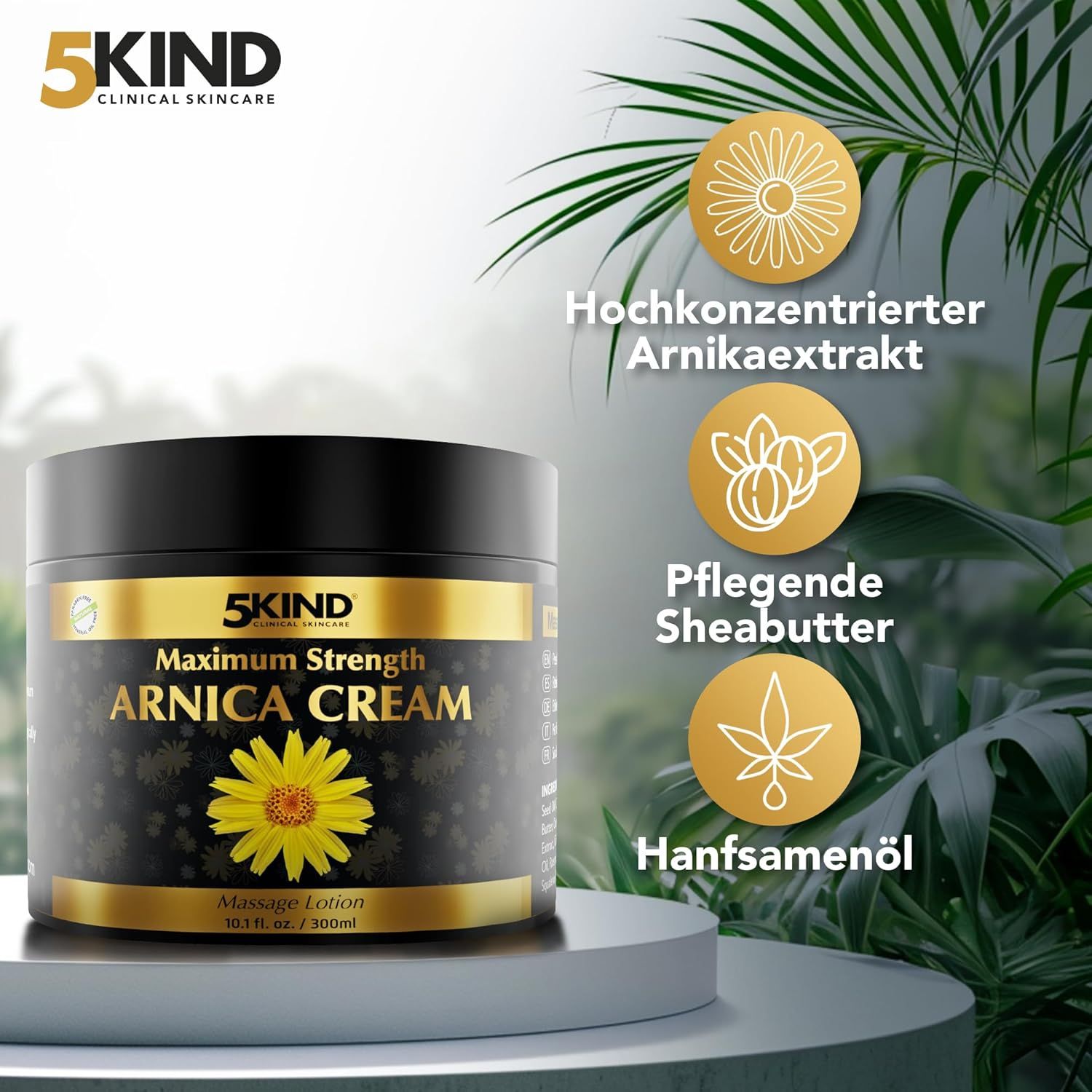 Schwarzer Tiegel mit goldfarbenem Etikett. Aufschrift: Arnica Cream. Gelbe Blüte. Zusätzliche Icons und Text.