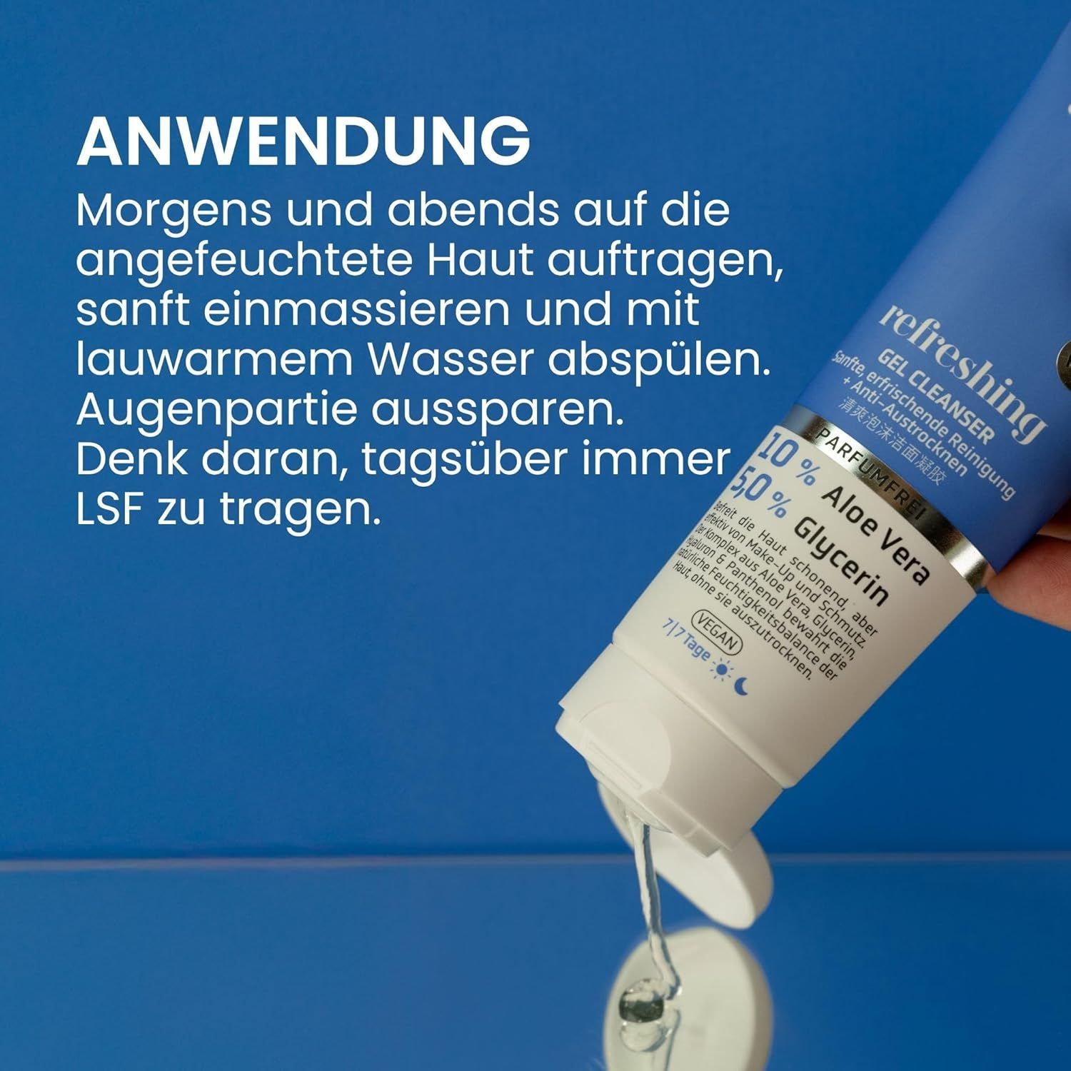 Tube mit Produkt, Flüssigkeit tropft heraus. Text: 10% Aloe Vera, 5,0% Glycerin. Marke: Jean & Len. Anwendungshinweis.