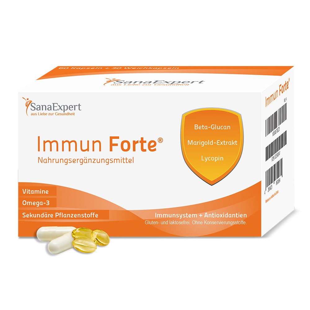 Weiße SanaExpert Immun Forte Kapseln neben einer geöffneten Verpackung. Auf der Verpackung steht "Immun Forte" und "Nahrungsergänzungsmittel".