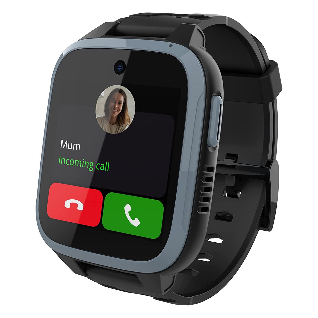 Schwarze Smartwatch mit grauem Rahmen. Display zeigt eingehenden Anruf von 'Mum'.