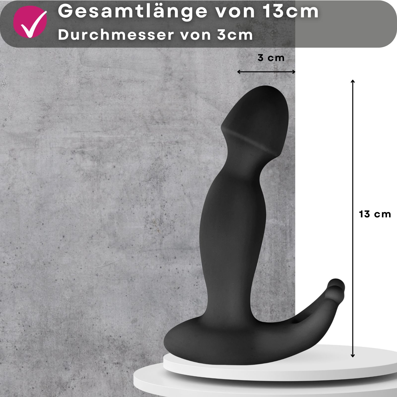 Schwarzes Wellness-Produkt. Text: Gesamtlänge von 13cm, Durchmesser von 3cm. Maße angezeigt.