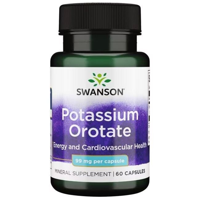 Grüne Flasche mit weißem Etikett. Aufschrift: SWANSON, Potassium Orotate, 99 mg pro Kapsel. 60 Kapseln.