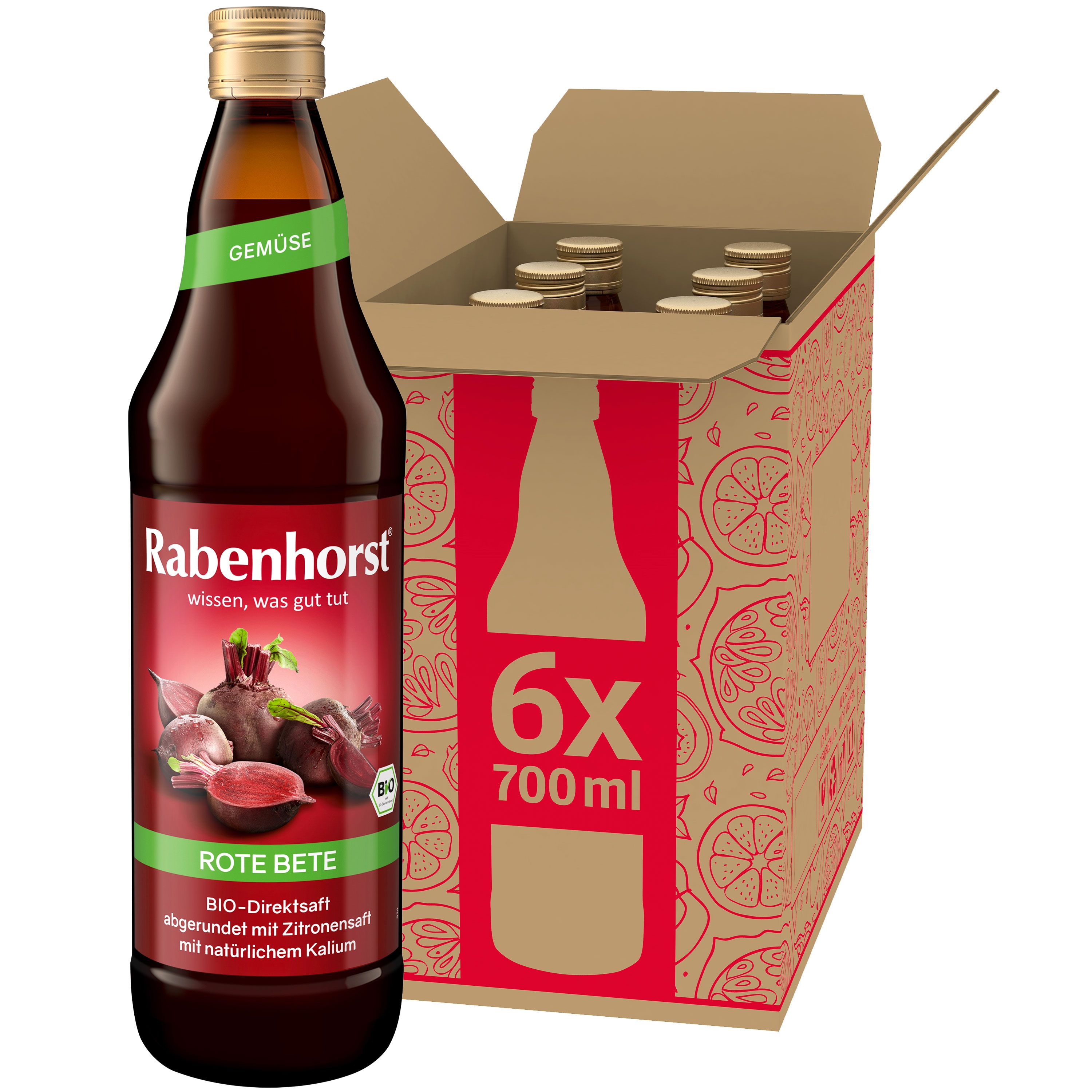 Glasflasche Rote Bete Saft mit Etikett. Karton mit 6 Flaschen. Aufschrift: Rabenhorst, Rote Bete BIO, 700ml.