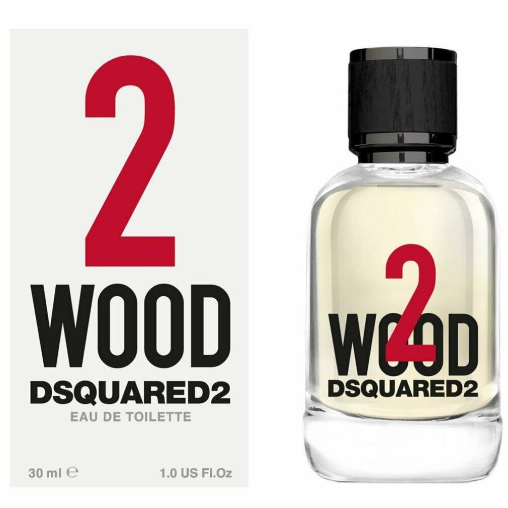 Parfümflasche und Verpackung. Aufschrift: 2 WOOD DSQUARED2. Eau de Toilette.