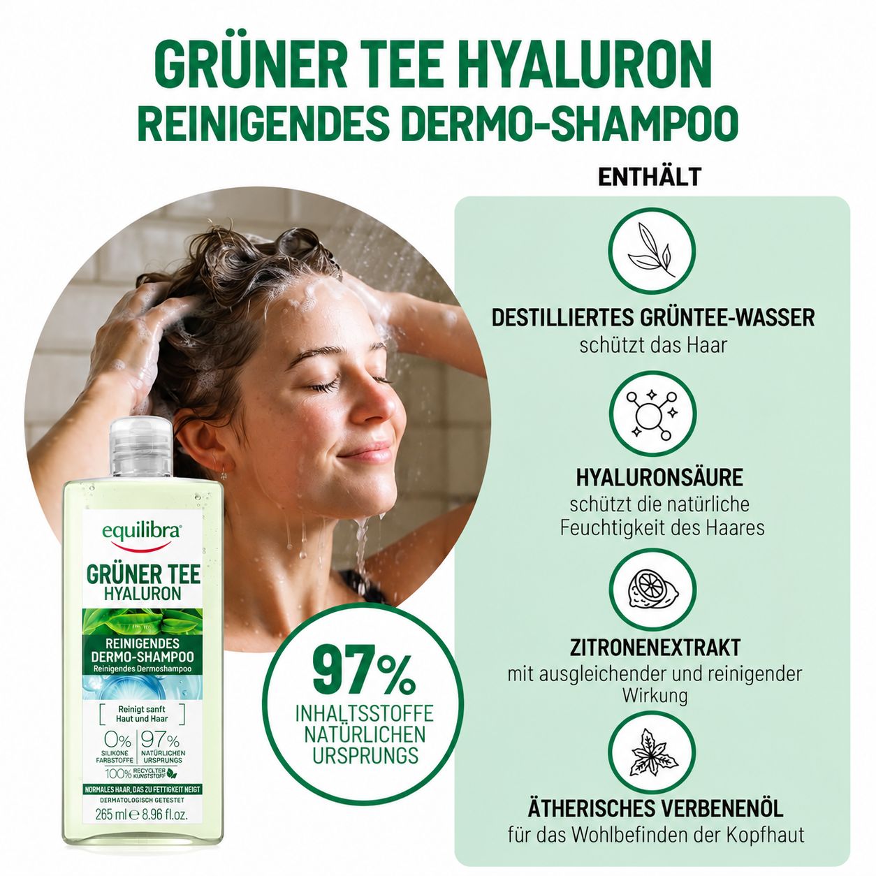 Equilibra Grüner Tee Hyaluron reinigendes Dermo-Shampoo, 265ml.