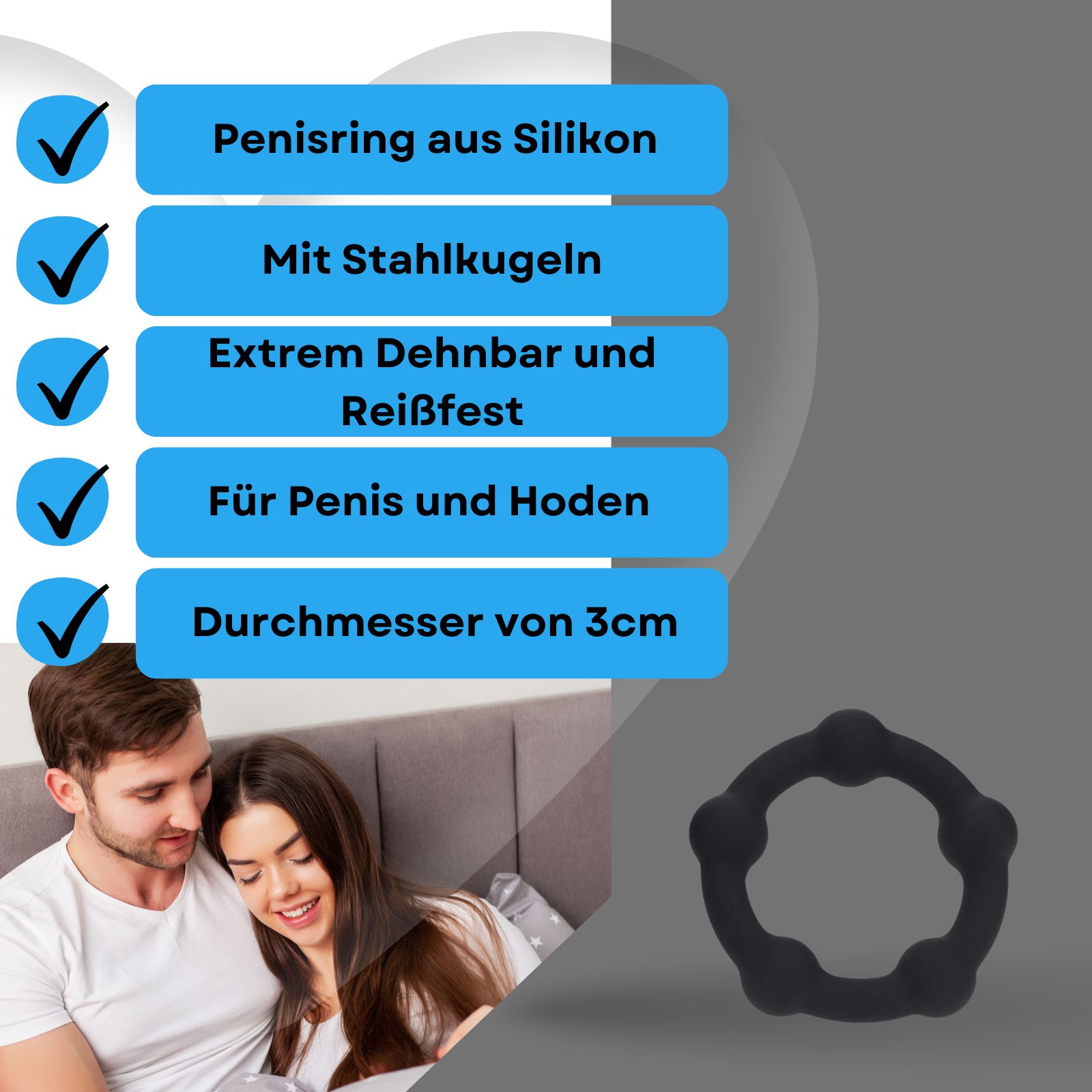 Ein schwarzer Penisring mit Stahlkugeln. Aufschrift: Penisring aus Silikon, extrem dehnbar, 3cm Durchmesser.