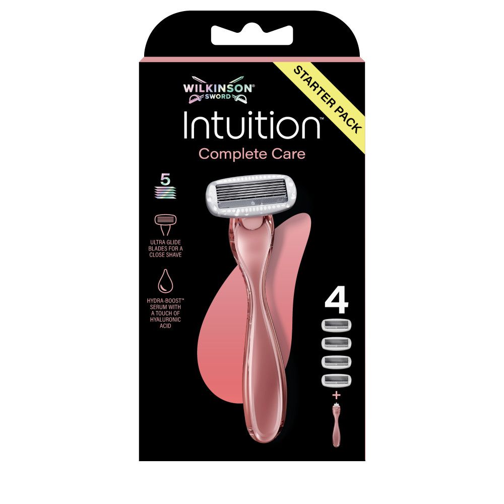 Verpackung des Wilkinson Sword Intuition Complete Care Rasierers mit rosa Griff und vier Ersatzklingen.