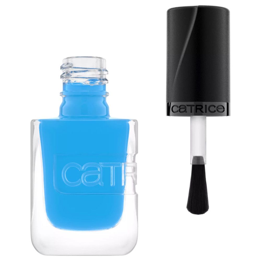 Nagellackflasche mit blauem Inhalt, Deckel und Pinsel. Der Markenname ist auf der Flasche und dem Deckel sichtbar.