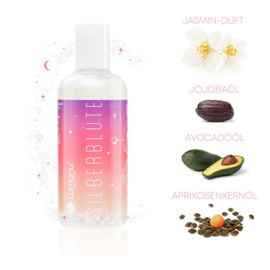Flasche "Silberblüte" Massageöl. Lila-rosa Etikett. Jasmin, Jojobaöl, Avocadoöl, Aprikosenkernöl abgebildet.