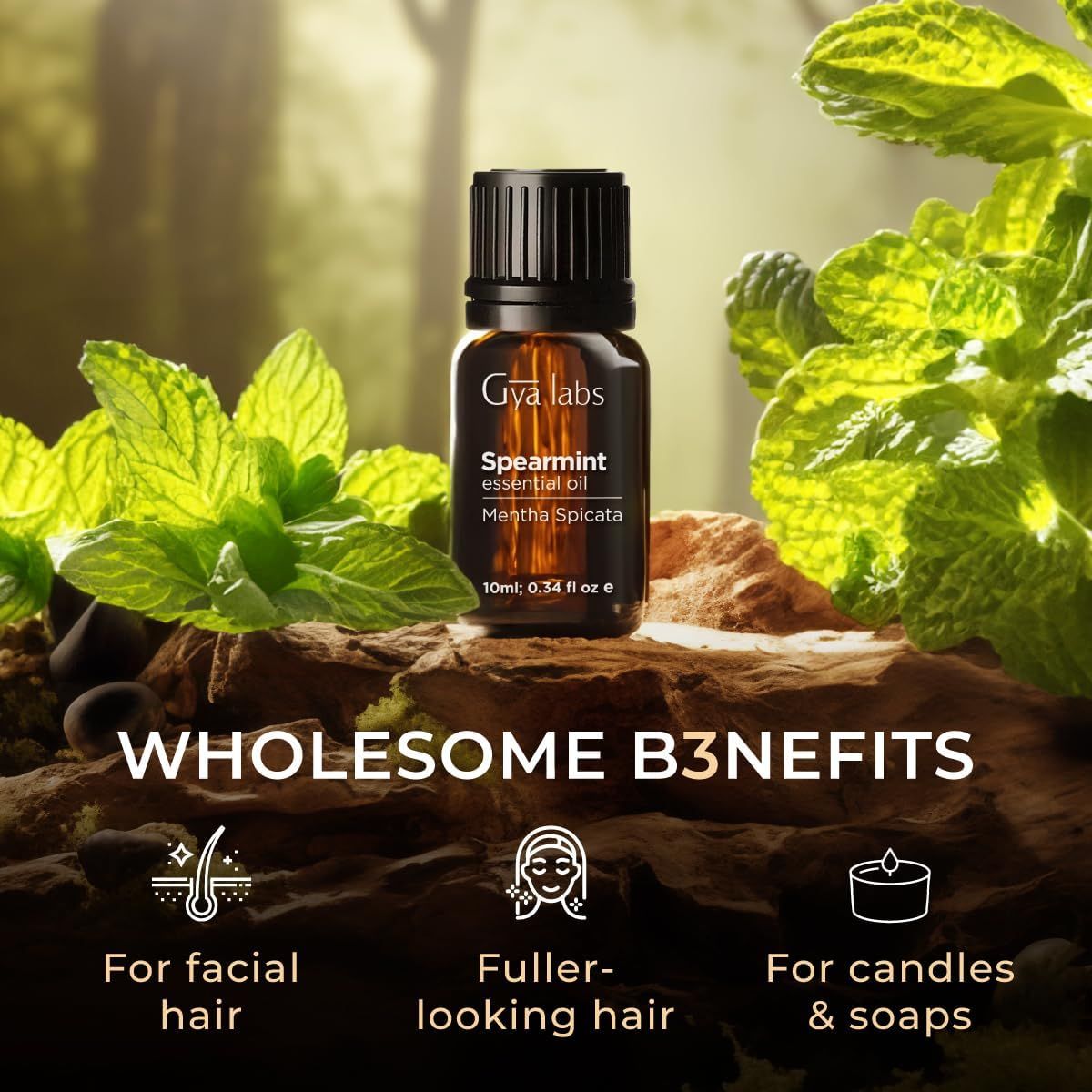 Braune Glasflasche mit schwarzem Deckel. Text: Gya Labs Spearmint ätherisches Öl, Mentha Spicata. Vorteile: Gesicht, Haare, Kerzen.