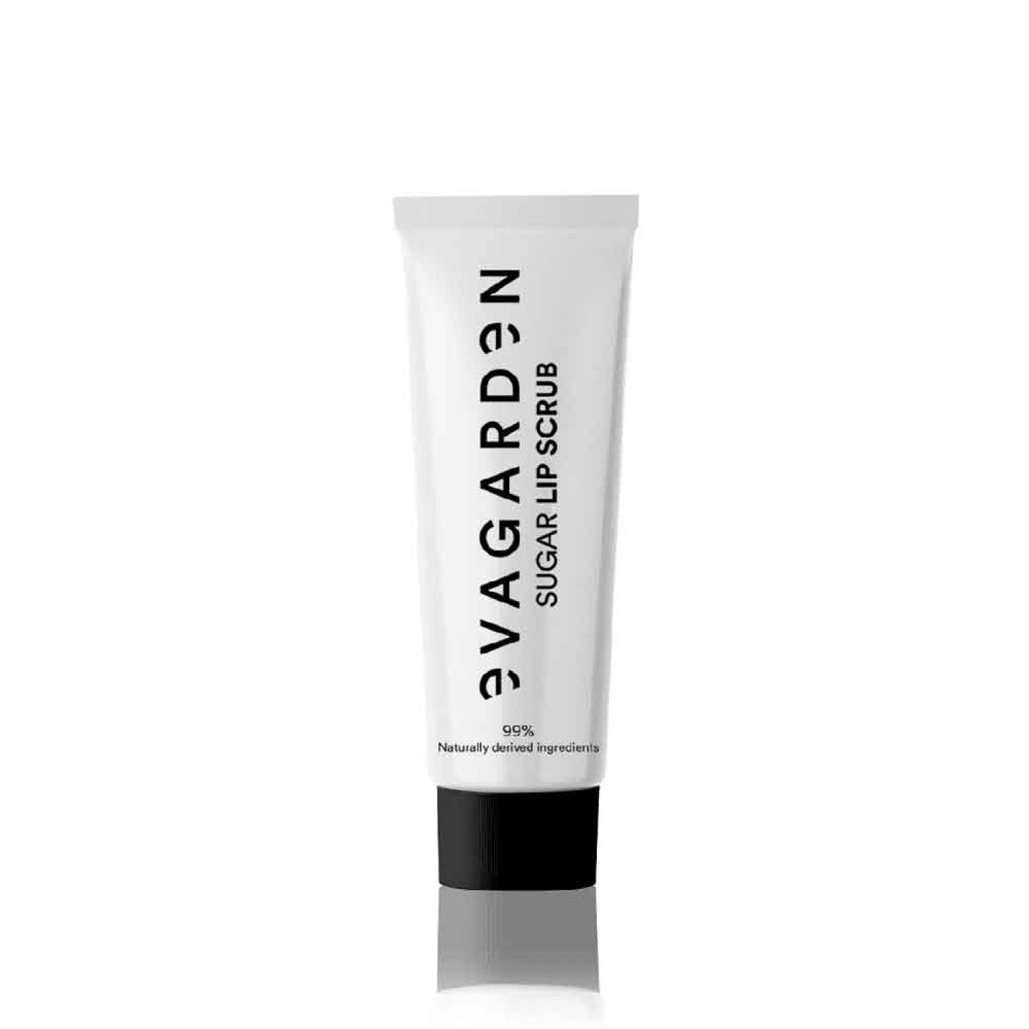 Weiße Tube mit schwarzem Deckel. Aufschrift: Eva Garden, Sugar Lip Scrub. Unten: 99% natürlich gewonnene Inhaltsstoffe.