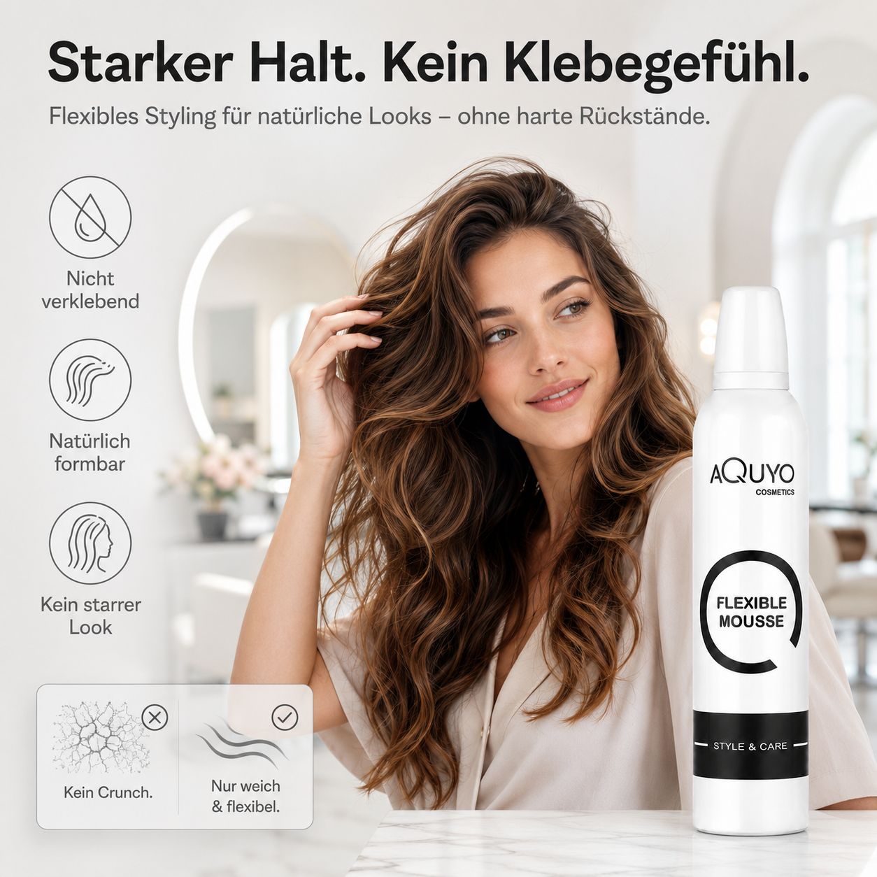 Frau mit voluminösem, flexiblem Haar. Dose daneben. Icons zeigen "Nicht verklebend", "Natürlich formbar".