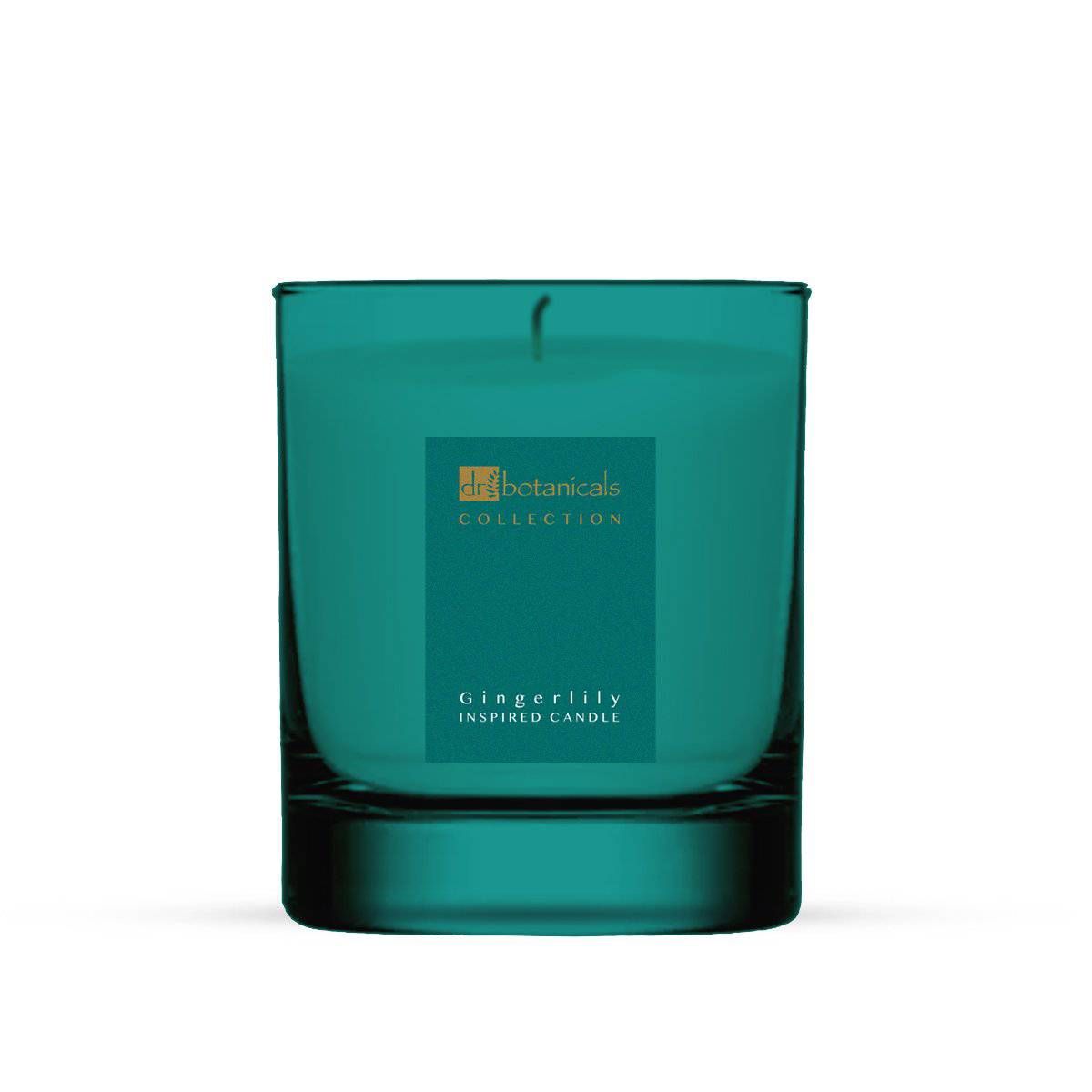Grüne Kerze in Glasbehälter. Aufschrift: Dr Botanicals, Gingerlily Inspired Candle.