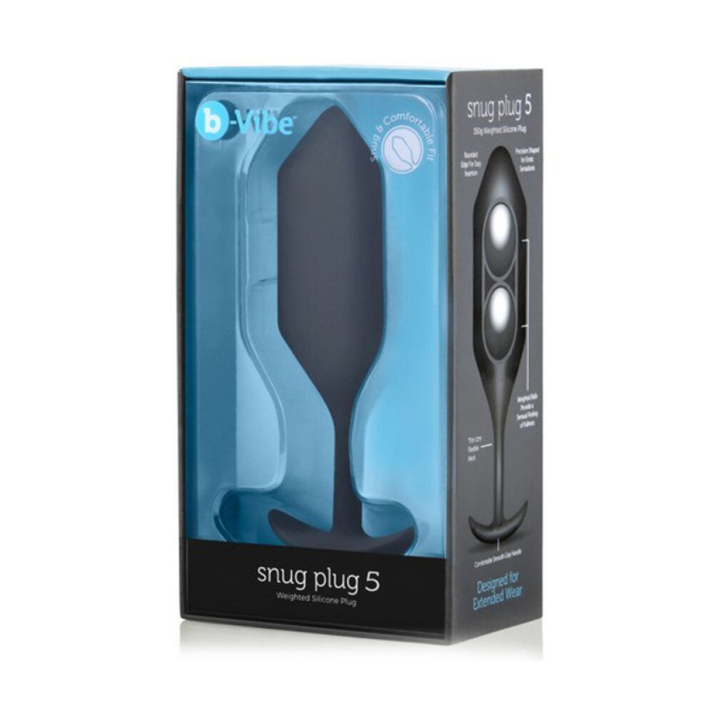 b-Vibe Snug Plug 5 in Verpackung. Schwarzer Plug in transparenter Box. Text: Snug Plug 5.