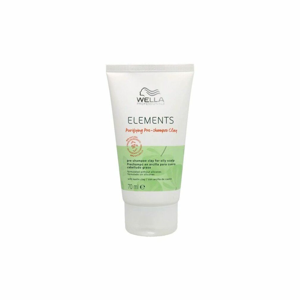 Weiße Tube Wella Elements. Text: Purifying Pre-shampoo Clay, 91% Inhaltsstoffe natürlichen Ursprungs. 70 ml.