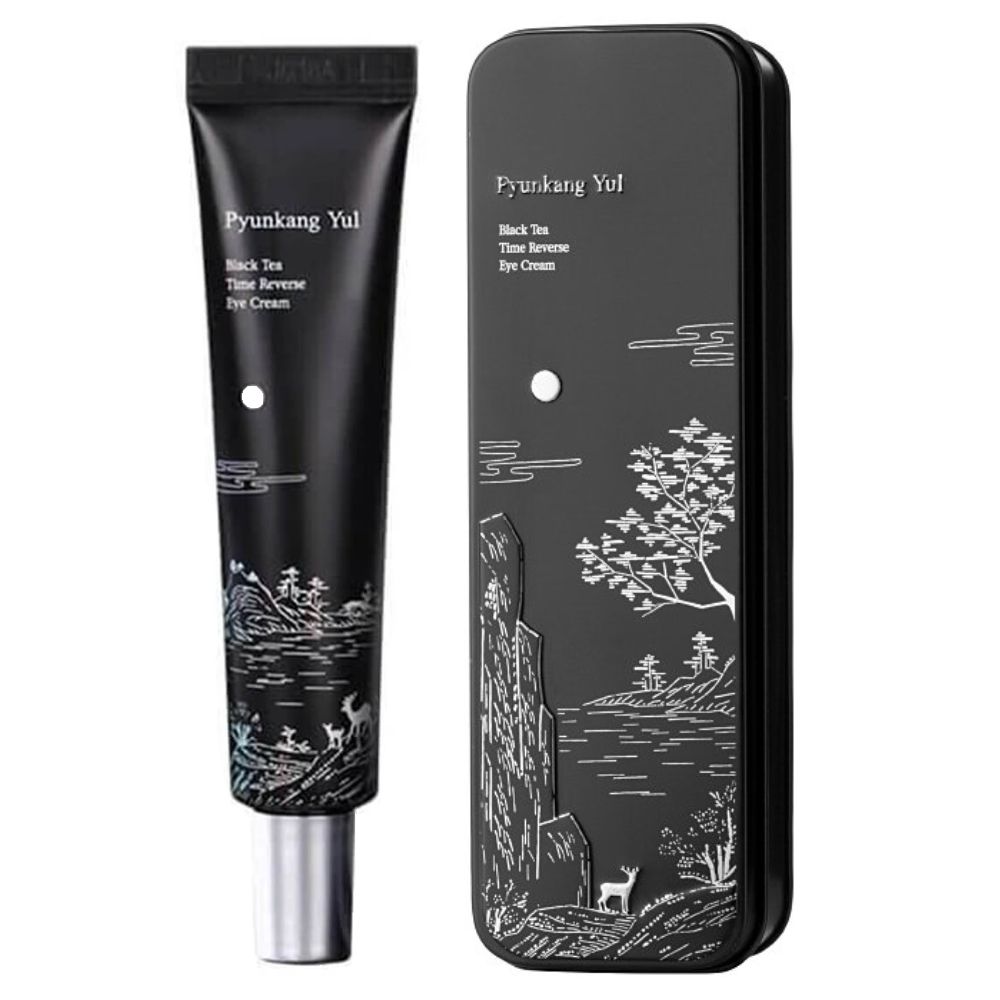 Schwarze Tube und rechteckige Dose mit Augencreme, beide mit Berg- und Tierlandschaftsdekor.