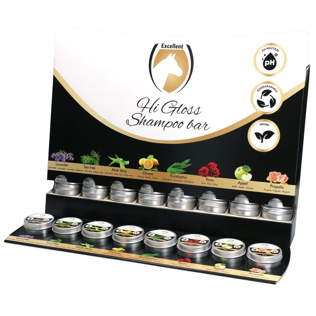 Ausstellung mit Hi Gloss Shampoo Bars. Verschiedene Sorten in kleinen Metallbehältern. Vegan, pH-neutral, biologisch abbaubar.