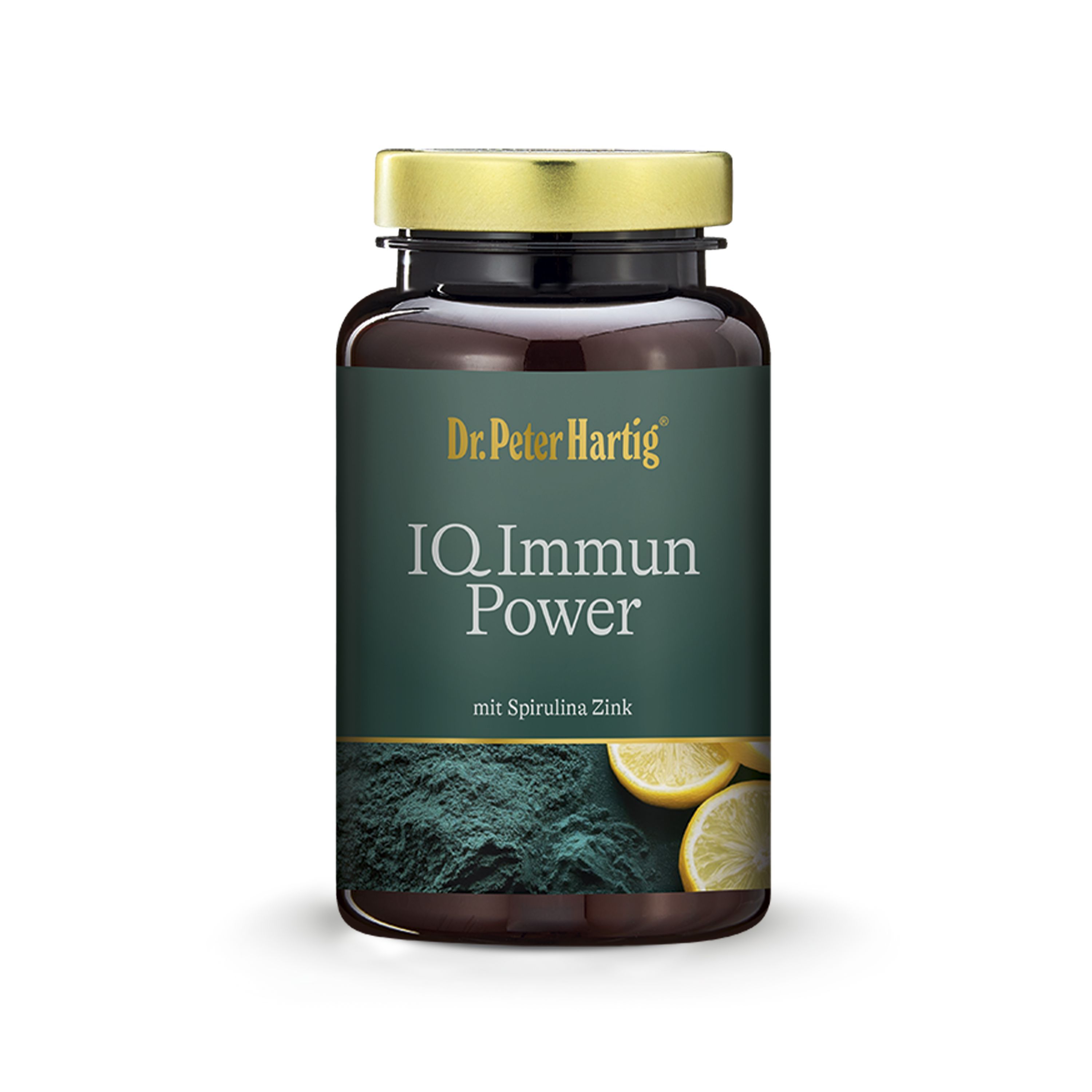 Braune Glasflasche mit goldfarbenem Deckel. Aufschrift: Dr. Peter Hartig IQ Immun Power mit Spirulina Zink. Zitronenscheiben.