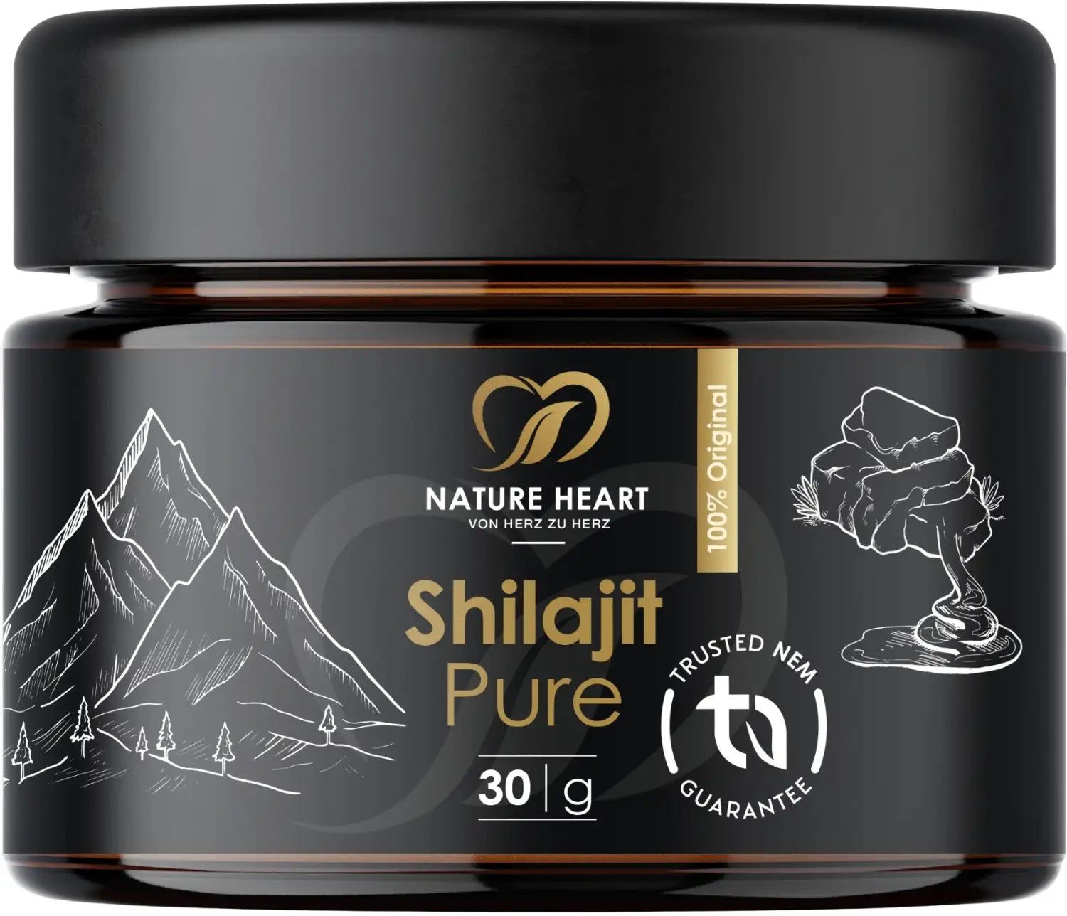 Schwarzes Glas mit Aufschrift Shilajit Pure, 30g. Berge-Illustration. Logo Nature Heart. Siegel: Trusted nem guarantee.
