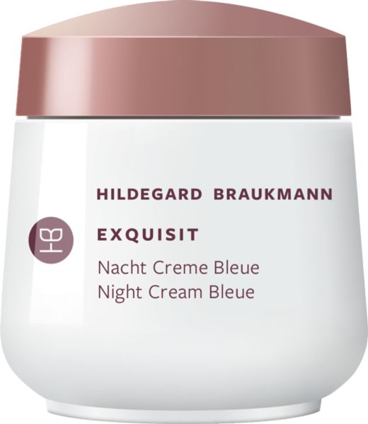 Creme-Tiegel mit rosafarbenem Deckel. Aufschrift: Hildegard Braukmann, Exquisit, Nacht Creme Bleue.
