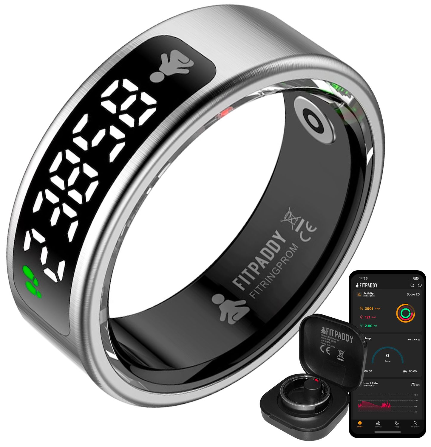 FitRing Pro con display e vibrazione: calorie, attività, passi, sonno, stress, temperatura - XS