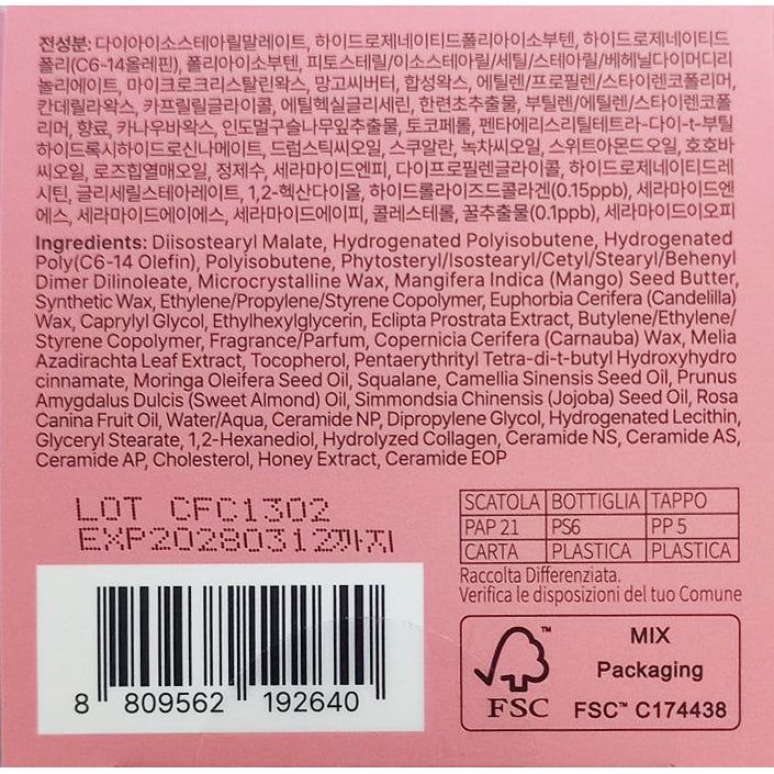 Inhaltsstoffliste und Chargennummer auf rosa Verpackung.