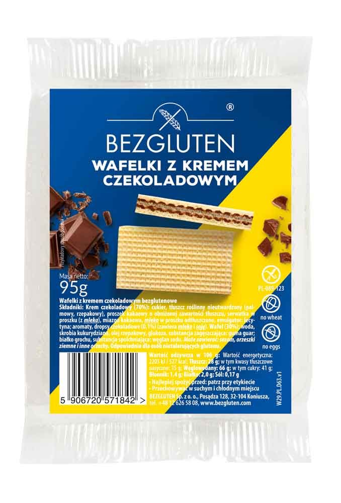 Verpackung mit glutenfreien Waffeln mit Schokoladencreme. Blaue und gelbe Grafik mit Produktabbildung und Logo.