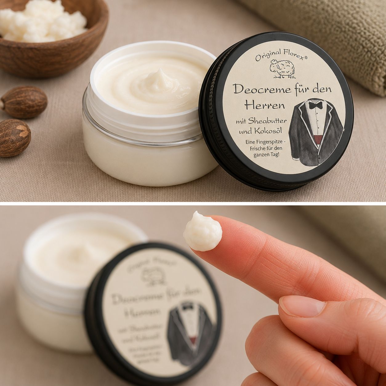 Offene Dose Florex Deocreme für den Herren, daneben eine Fingerspitze mit Creme.
