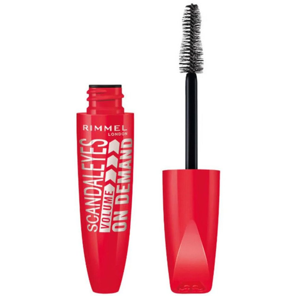 Rote Mascarabürste und -behälter. Text: Rimmel London, Scandaleyes Volume On Demand. Schwarze Mascara-Bürste.