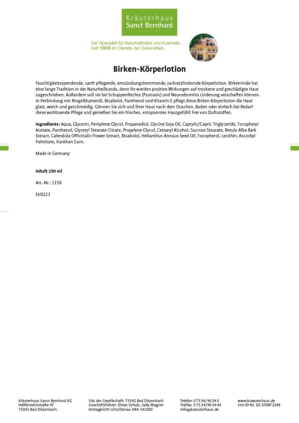 Sanct Bernhard Birken-Körperlotion