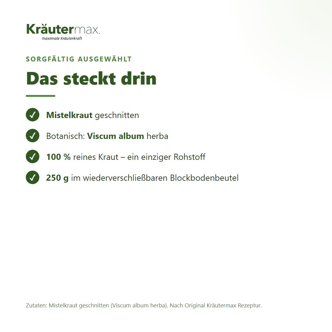 Übersicht der Inhaltsstoffe und Verpackung von Kräutermax Mistelkraut Tee.