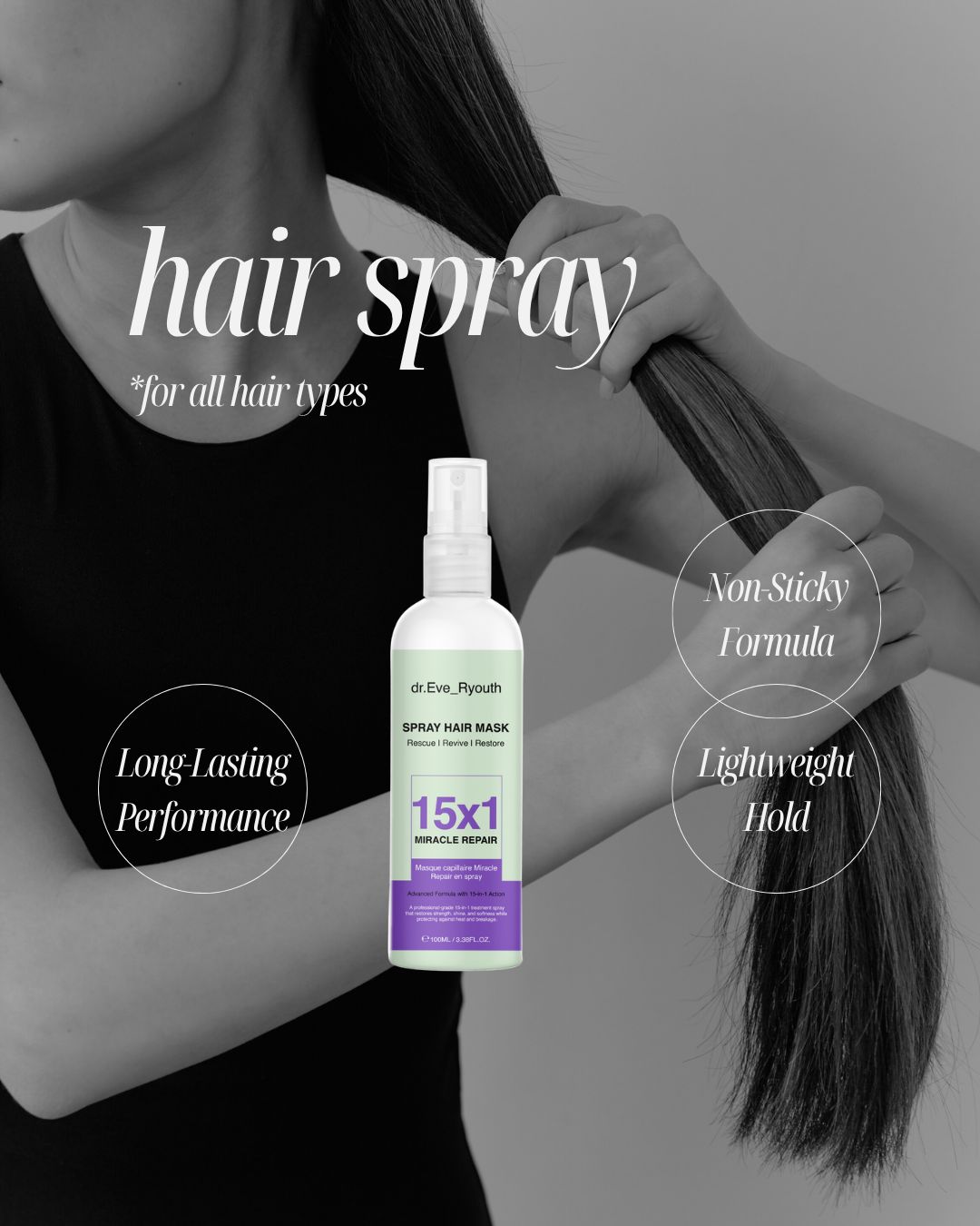 Spray-Haarmaske-Flasche, weiß, mit Sprühkopf. Text: "15x1 Miracle Repair". Person berührt Haare.