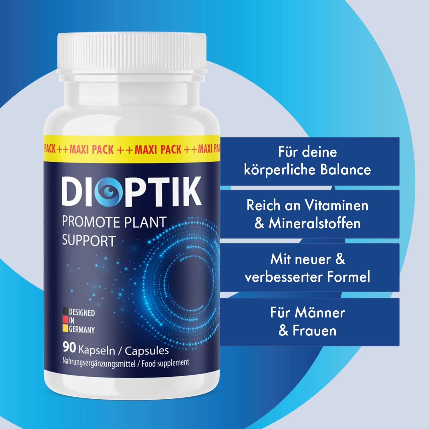 Dioptik Kapseln-Dose. Aufschrift: Dioptik, Promote Plant Support. 90 Kapseln. Blaue und weiße Etiketten. Text: Für deine körperliche Balance.