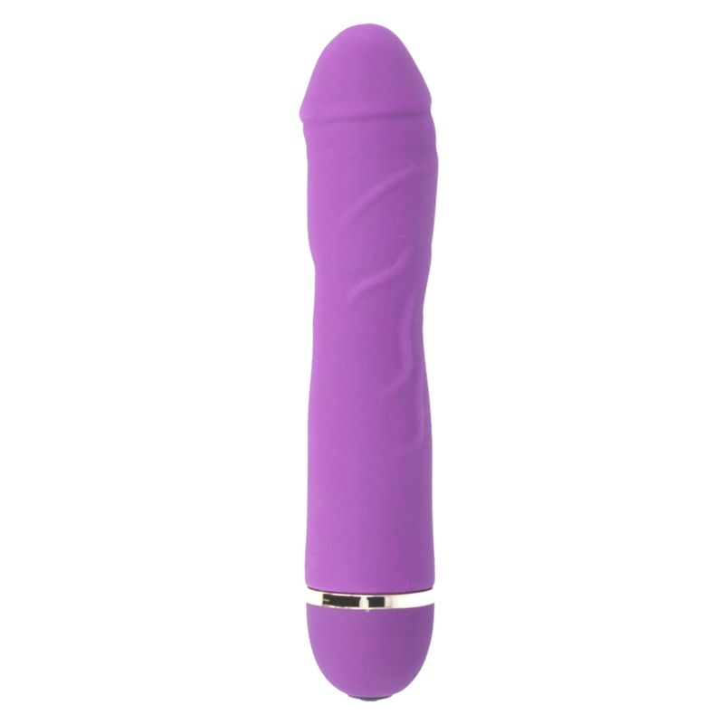 Lila Vibrator mit goldfarbenem Ring. Längliche Form mit geriffelter Oberfläche. Auf weißem Hintergrund.