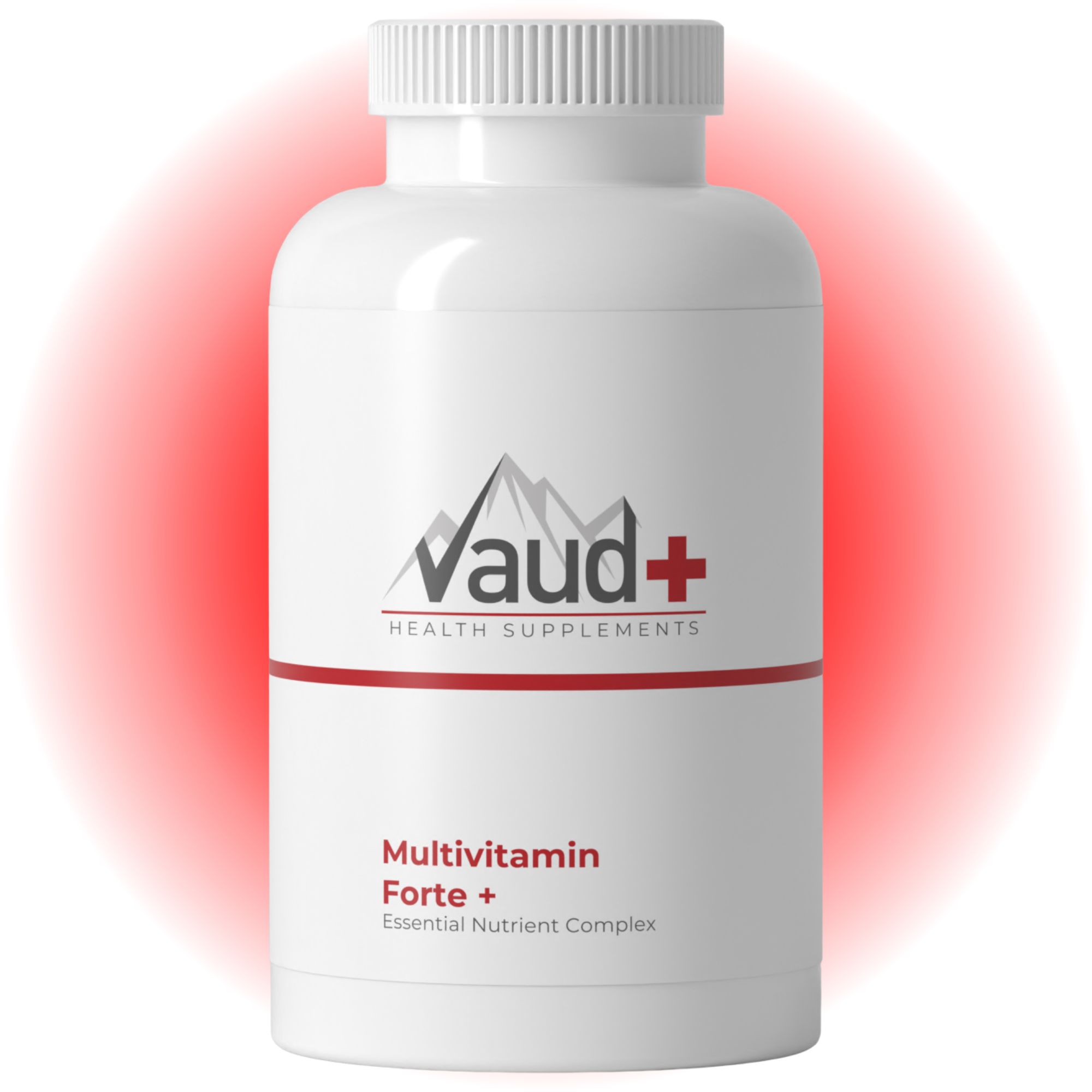 Weiße Flasche mit Schraubverschluss. Aufschrift: Vaud+ Health Supplements, Multivitamin Forte +, Essential Nutrient Complex.