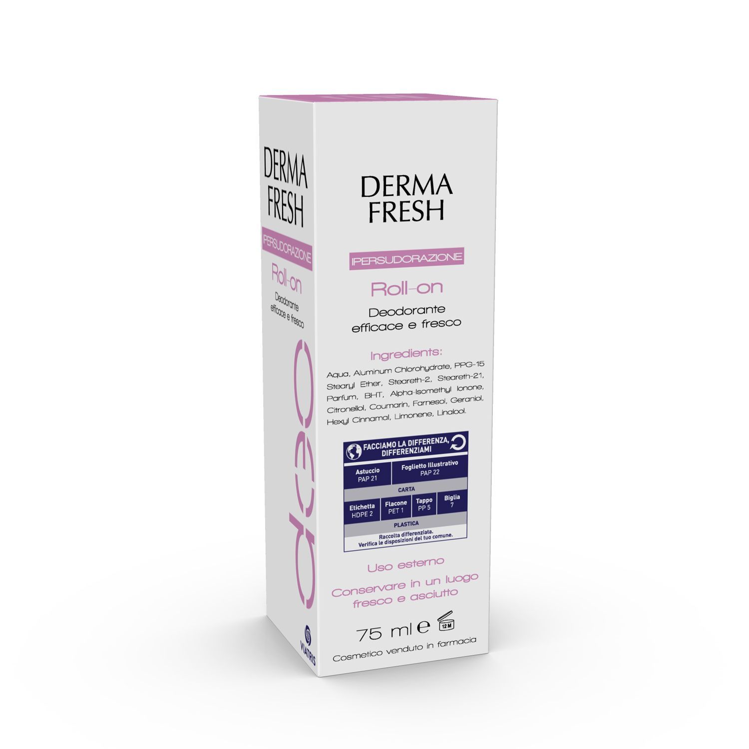 Verpackung von DERMA FRESH Roll-on. Weiß mit rosa Akzenten. Text: Roll-on, Deo, Persudazione. Inhaltsstoffe, Gebrauch.