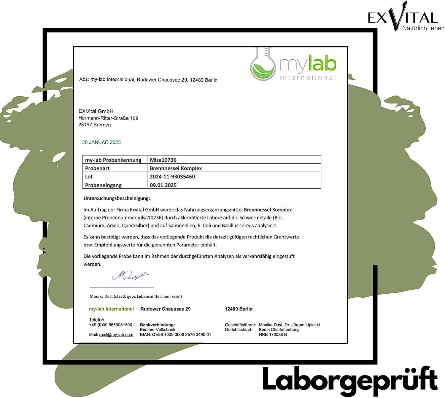Laborbericht von mylab International. Text: mylab Probenkennung, Brennnessel Komplex. Logo: Laborgeprüft.